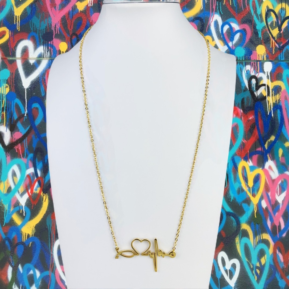 Heartbeat Stethoscope Heart EKG Stainless Nurse Bar Necklace Silver Rose Gold - Picture 6 of 15